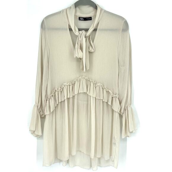 Zara Light Tan Blouse Tie Neck Size Small - Picture 1 of 7
